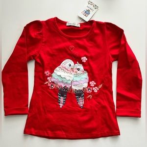 Girls Red long sleeve tee shirt love birds appliqué cotton best of luck Korea